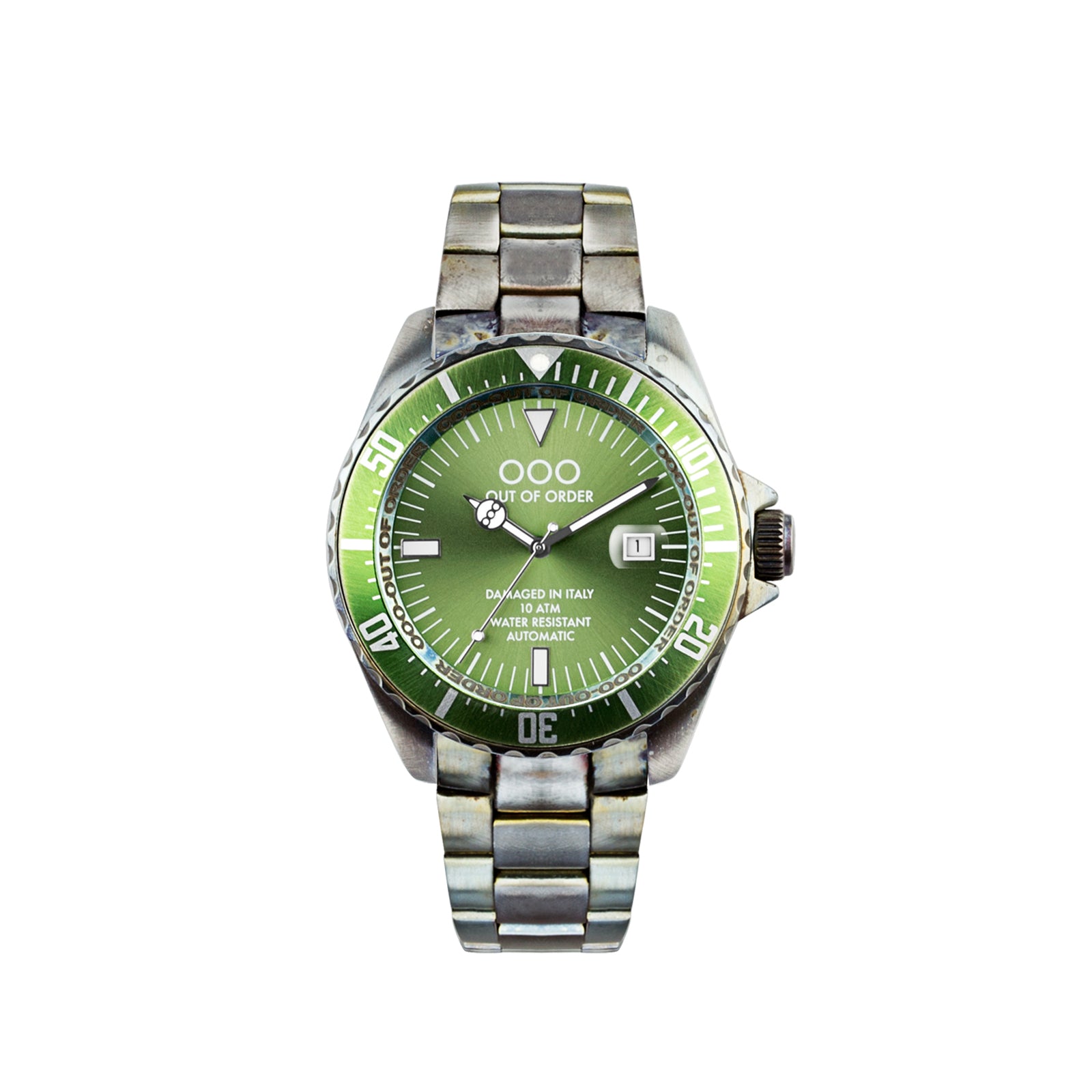 Out of Order AFTER 8 GMT Automatico Acciaio Nero Verde Data Invecchiato Zaffiro Orologio Uomo Out of Order AFTER 8 GMT Automatico Acciaio Nero Verde Data Invecchiato Zaffiro Orologio Uomo